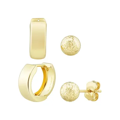 2-Pair 14K Yellow Gold Ball Stud & Huggie Earrings Set