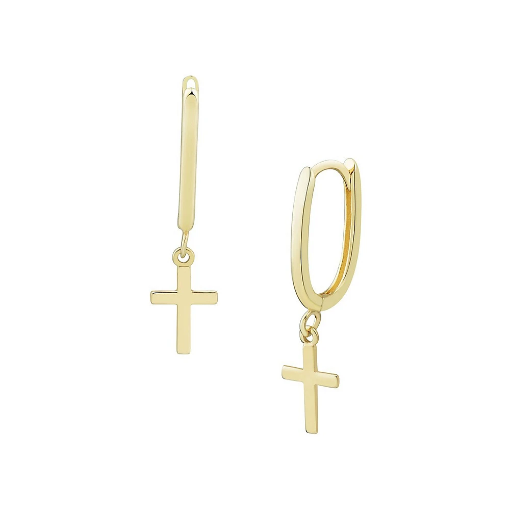 14K Yellow Gold Cross Charm Huggie Earrings