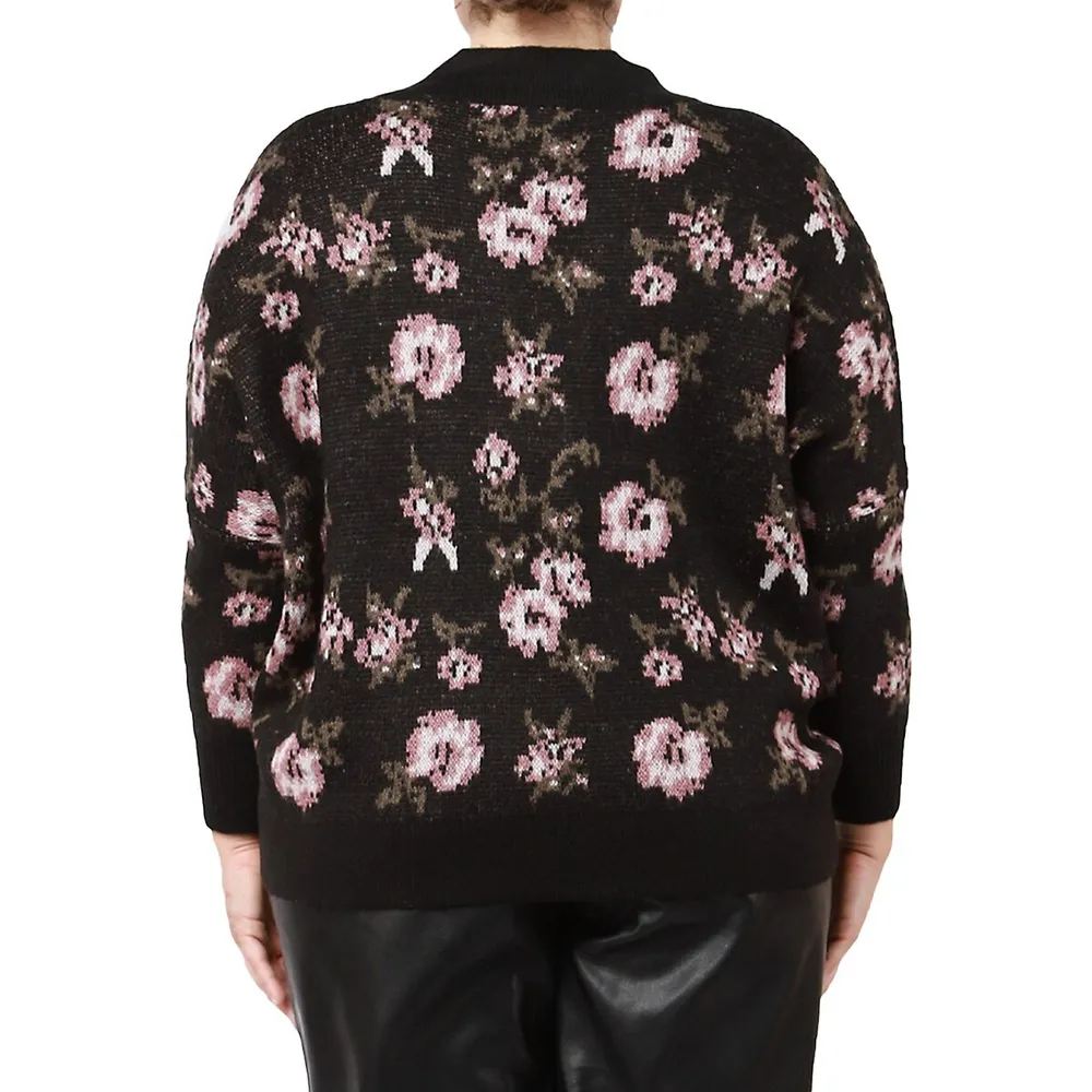 Plus Floral-Jacquard V-Neck Sweater