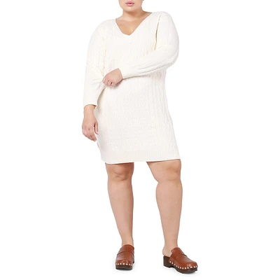 Plus V-Neck Cable Knit Sweater Dress