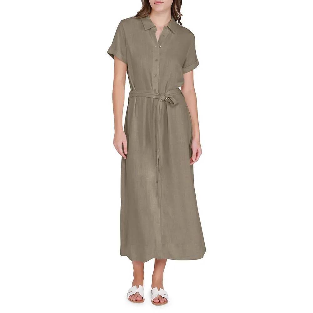 Self-Belt Midi Shirt Dress