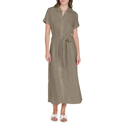 Self-Belt Midi Shirt Dress