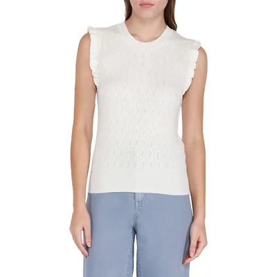 Ruffled-Shoulder Pointelle-Stitch Knit Top