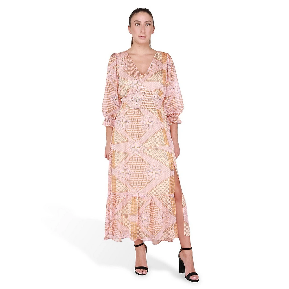 Bandana-Print Puff-Sleeve Slit Midi Dress