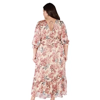 Plus Floral-Print V-Neck Puff-Sleeve Smocked-Waist Midi Dress