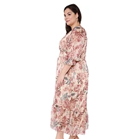 Plus Floral-Print V-Neck Puff-Sleeve Smocked-Waist Midi Dress