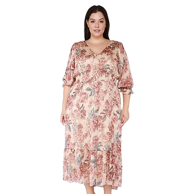 Plus Floral-Print V-Neck Puff-Sleeve Smocked-Waist Midi Dress