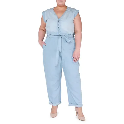 Plus Tied V-Neck Tencel Jumpsuit