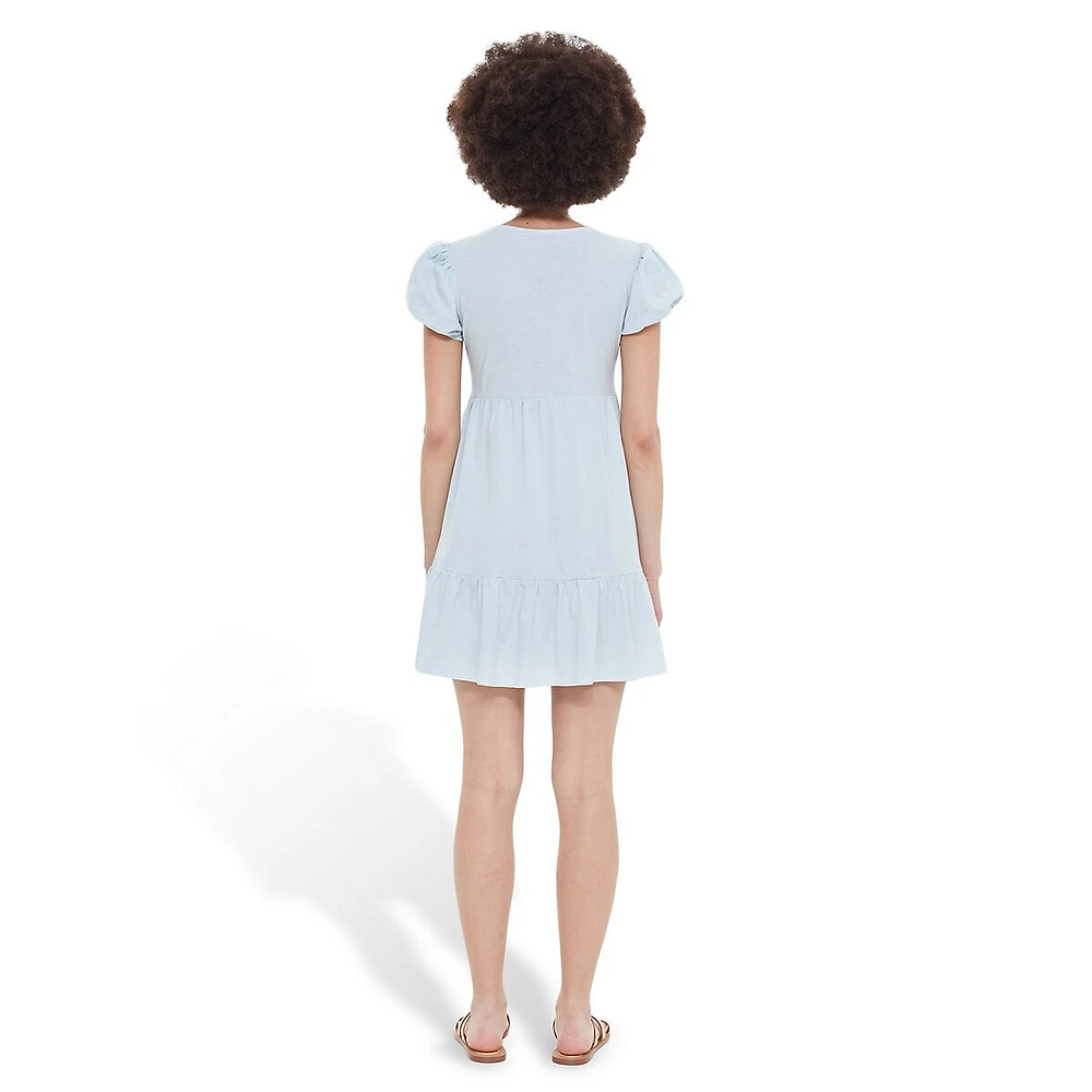 Puff-Sleeve V-Neck Tiered Babydoll Dress
