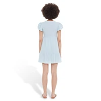 Puff-Sleeve V-Neck Tiered Babydoll Dress