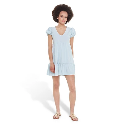 Puff-Sleeve V-Neck Tiered Babydoll Dress