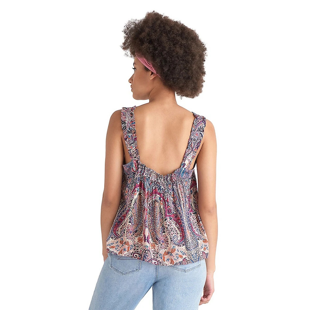 Printed Frilled-Strap Loose Cami Top