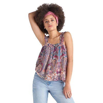 Printed Frilled-Strap Loose Cami Top