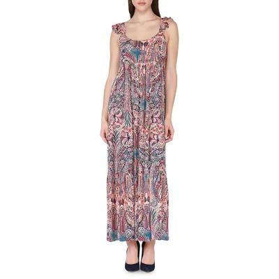 Printed Flutter-Sleeve Tiered Midi Dress