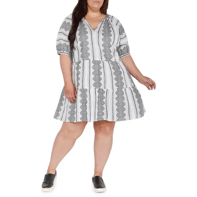 Plus Blouson-Sleeve Printed Tiered Dress
