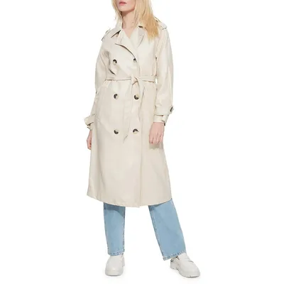 Faux Leather Double-Breasted Belted Trench Coat