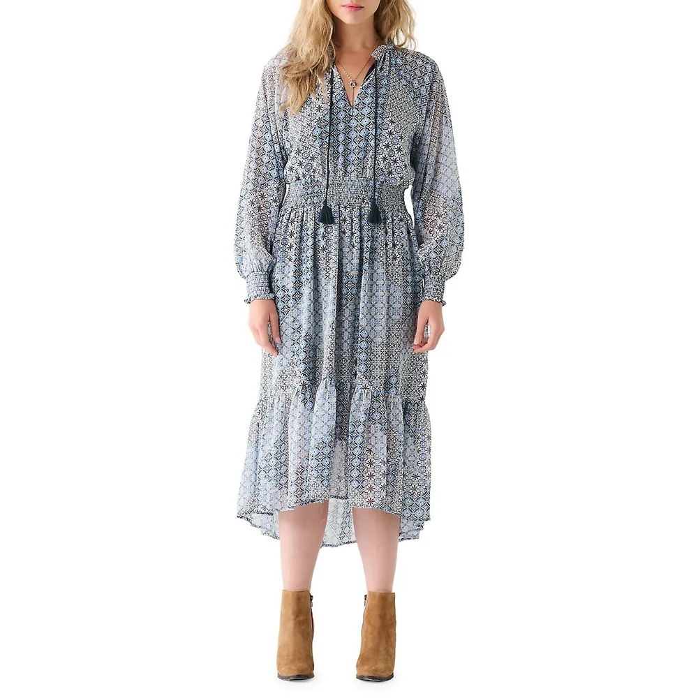 Smocked-Waist Print Prairie Dress