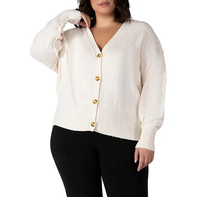 Long-Sleeve V-Neck Buttoned-Down Bouclé Cardigan