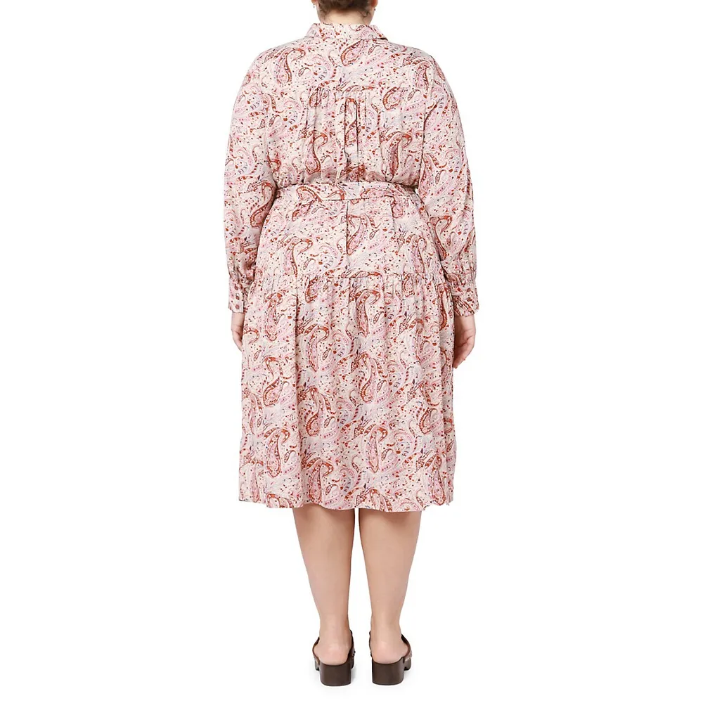 Plus Paisley-Print Tiered Midi Shirtdress