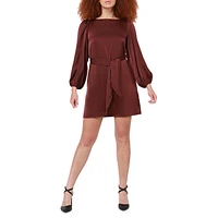 Tied Puff-Sleeve Mini Satin Dress