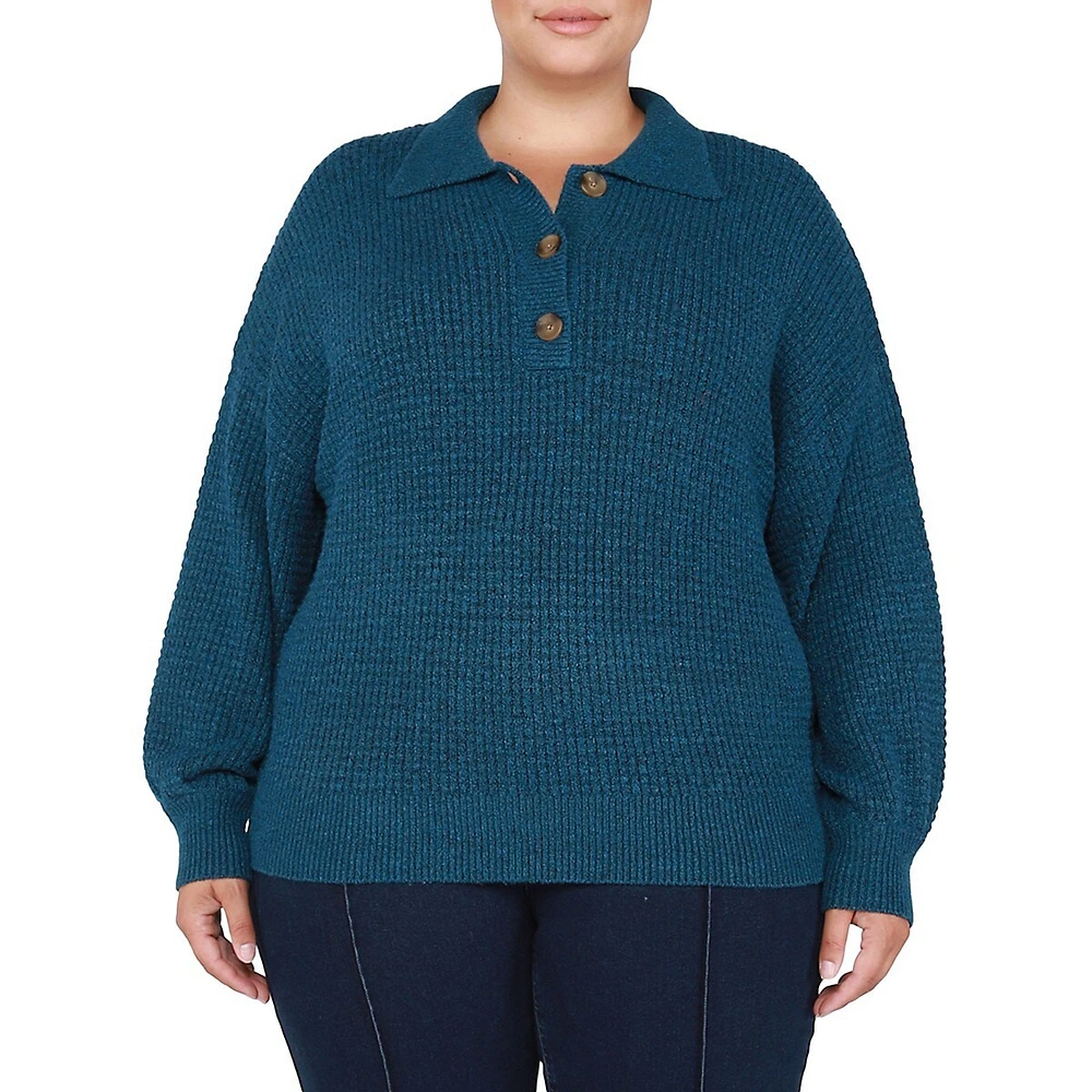 Plus Polo-Style Waffle-Knit Sweater