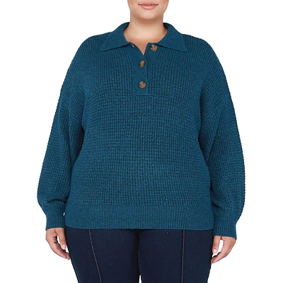 Plus Polo-Style Waffle-Knit Sweater