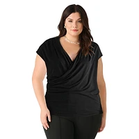 Plus Draped Faux-Wrap Cap-Sleeve Top