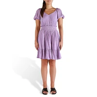 Floral-Print Puff-Sleeve Smocked-Waist Mini Dress