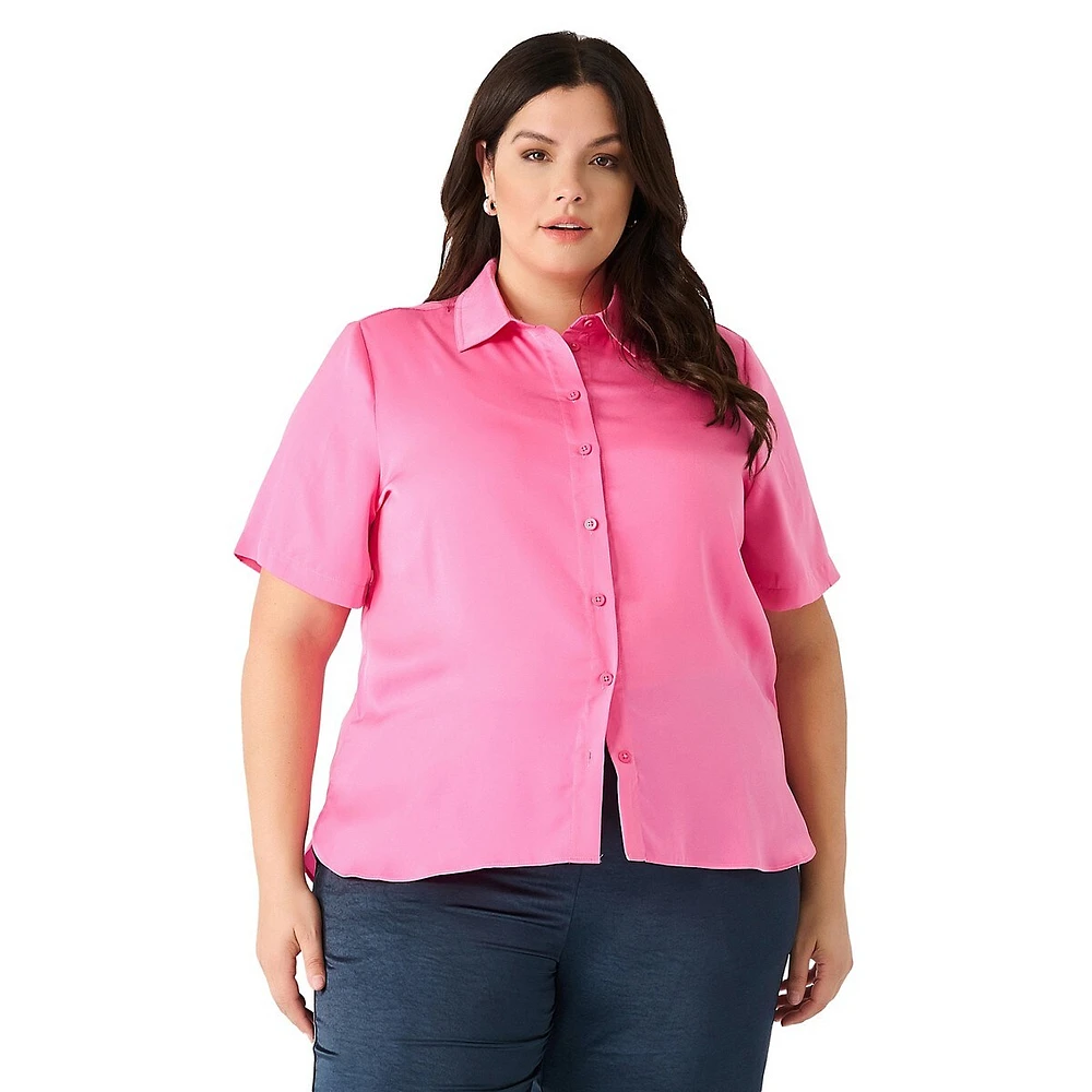 Plus Satin Short-Sleeve Button-Down Shirt