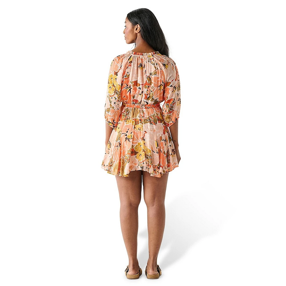 Balloon-Sleeve Belted Floral Mini Dress