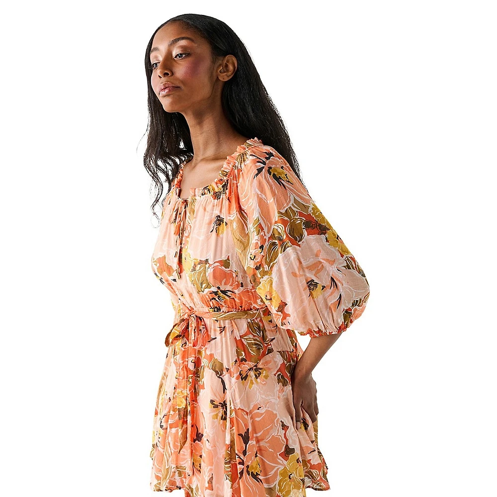 Balloon-Sleeve Belted Floral Mini Dress