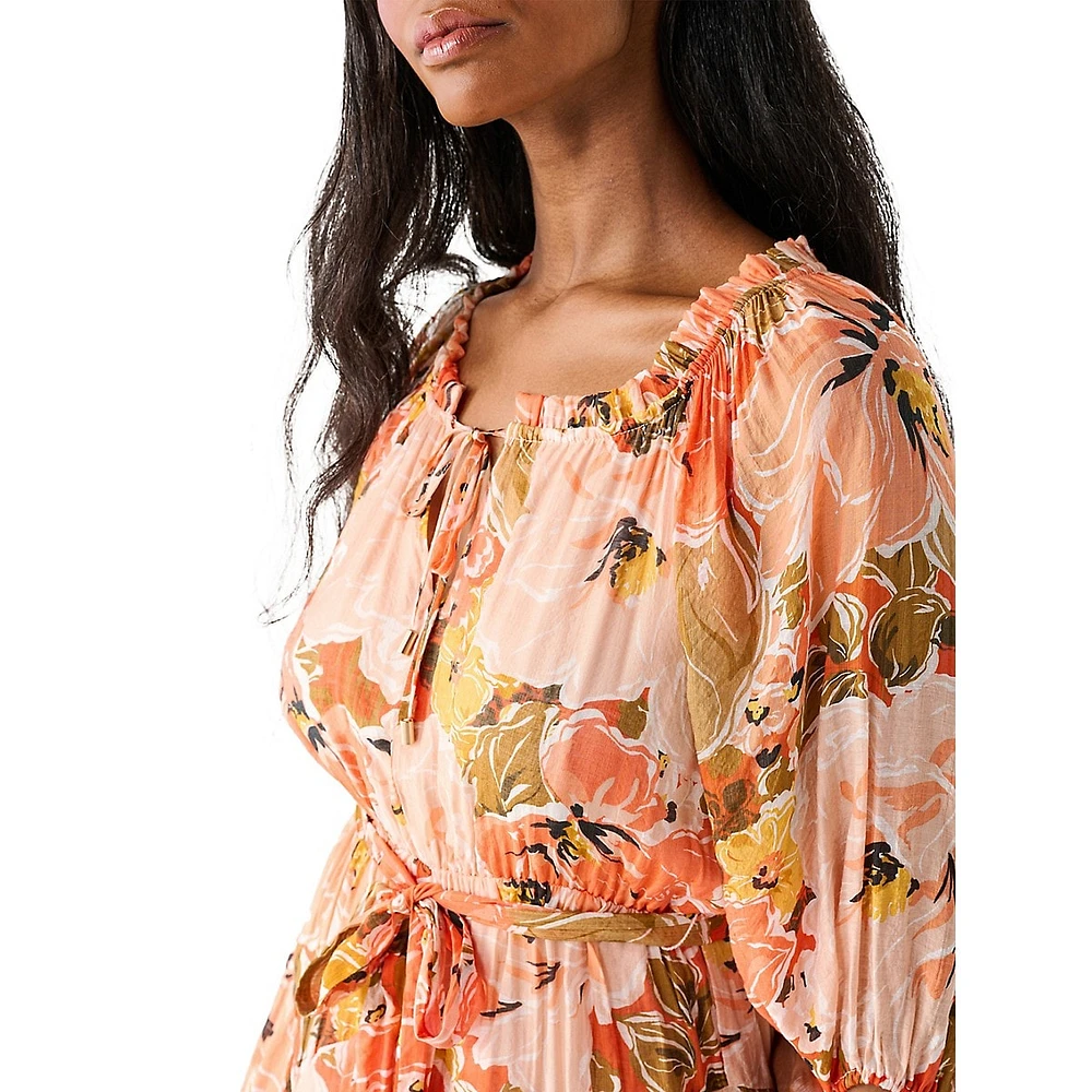 Balloon-Sleeve Belted Floral Mini Dress