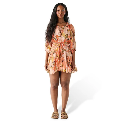 Balloon-Sleeve Belted Floral Mini Dress