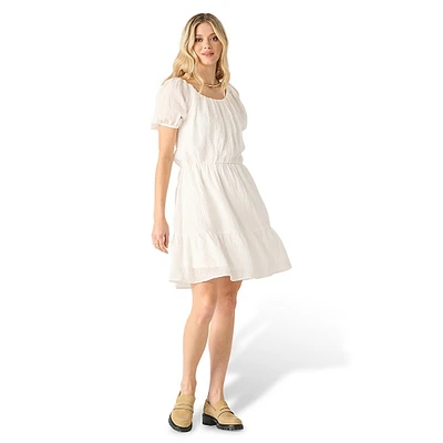 Textured Puff-Sleeve Fit-&-Flare Mini Dress