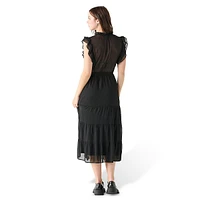 Ruffled-Sleeve Tiered Midi Dress