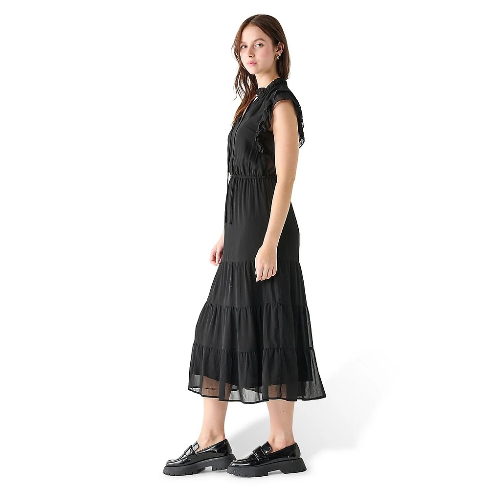 Ruffled-Sleeve Tiered Midi Dress