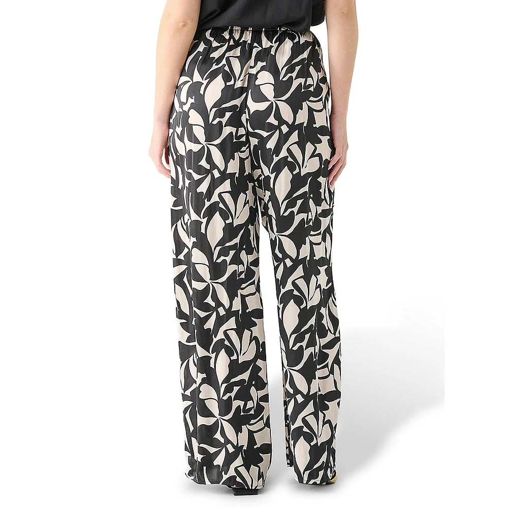 Printed Satin Drawstring Wide-Leg Pants