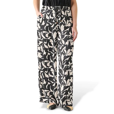 Printed Satin Drawstring Wide-Leg Pants