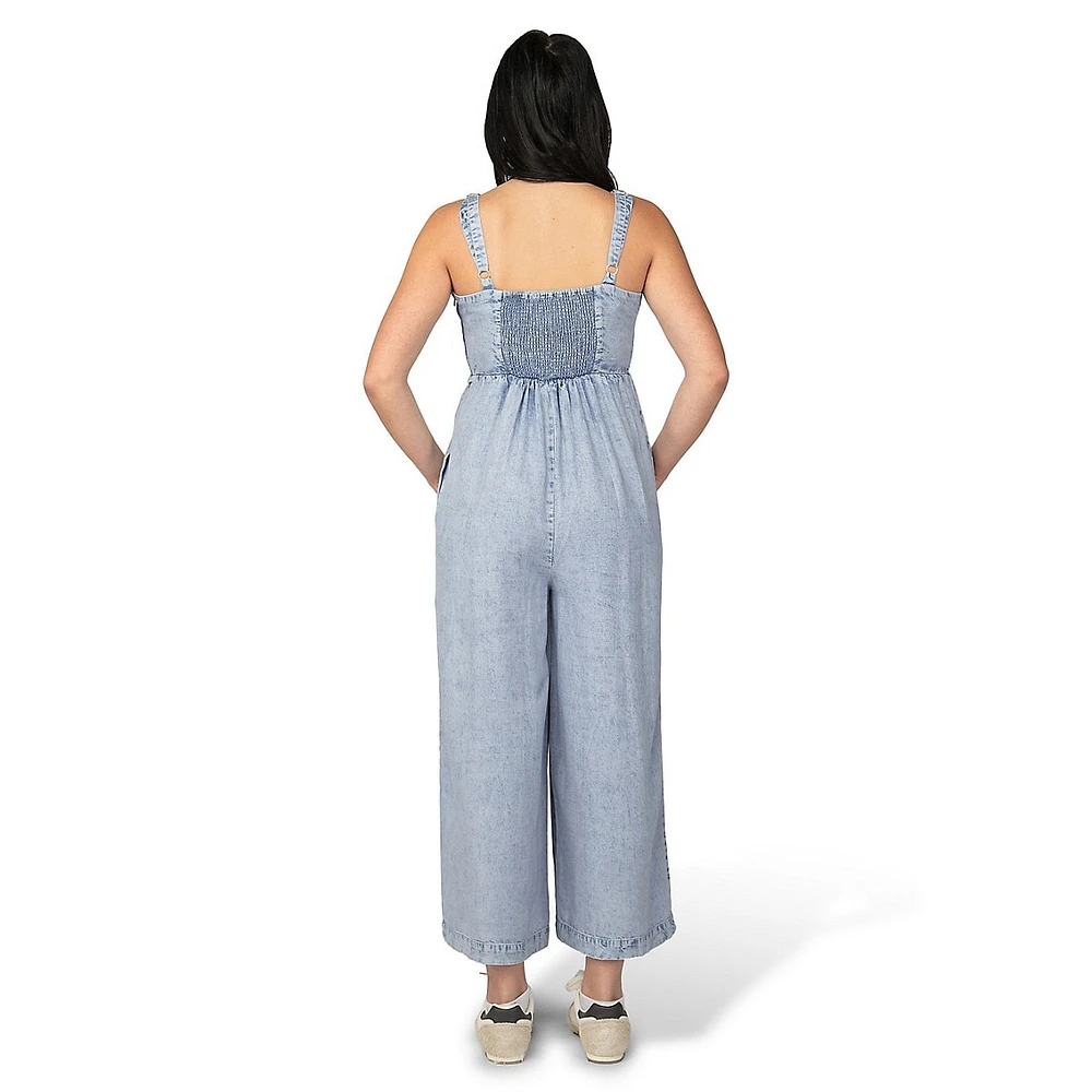 Denim-Look Tencel Corset-Bodice Wide-Leg Jumpsuit