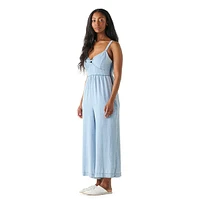 Denim-Look Tencel Corset-Bodice Wide-Leg Jumpsuit