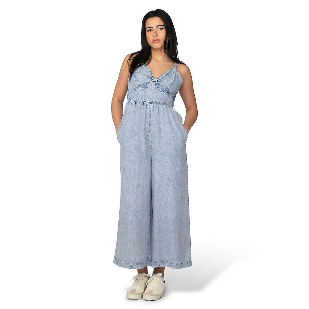 Denim-Look Tencel Corset-Bodice Wide-Leg Jumpsuit