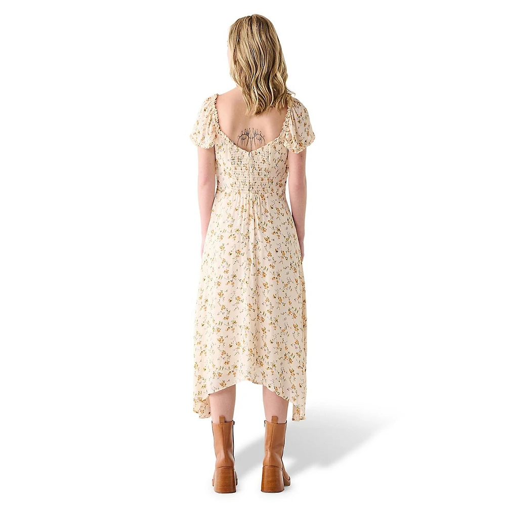 Floral-Print Sweetheart Sharkbite-Hem Midi Dress