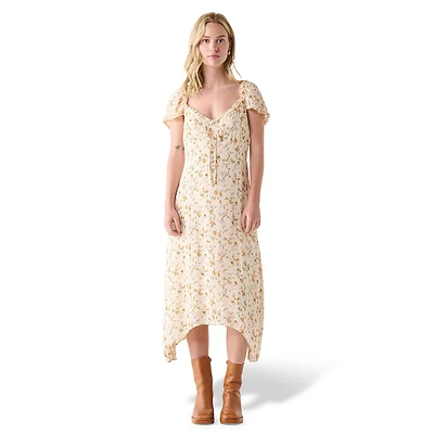 Floral-Print Sweetheart Sharkbite-Hem Midi Dress