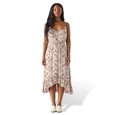 Floral Strappy Button-Down Ruffled Midi Dress