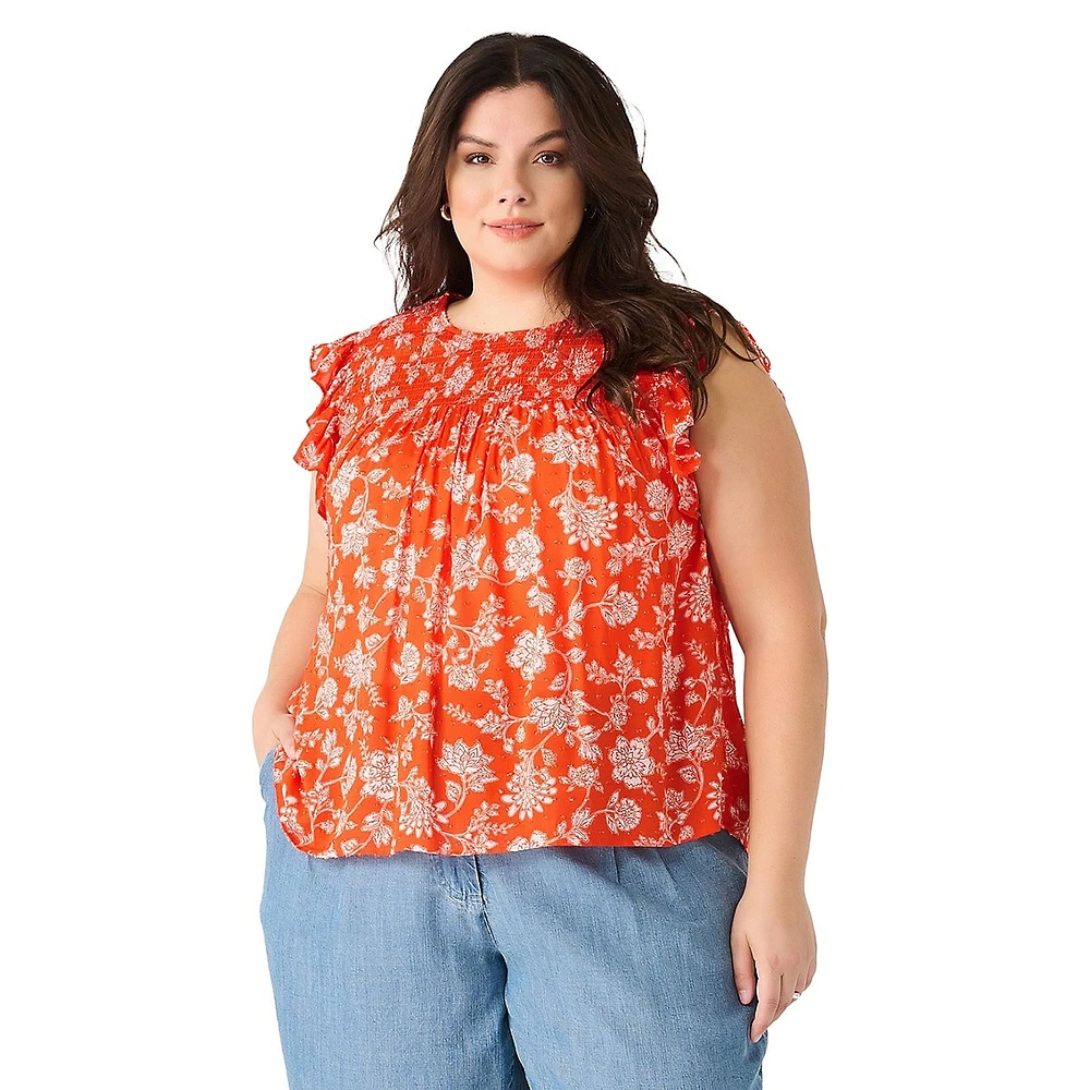 Plus Flutter-Sleeve Floral Top