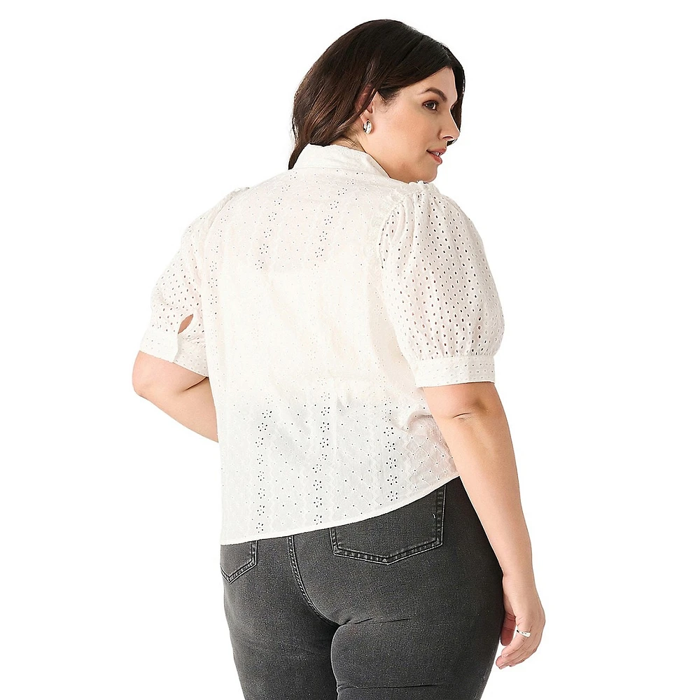 Plus Puff-Sleeve Eyelet Lace Blouse