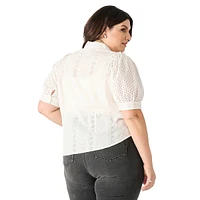 Plus Puff-Sleeve Eyelet Lace Blouse