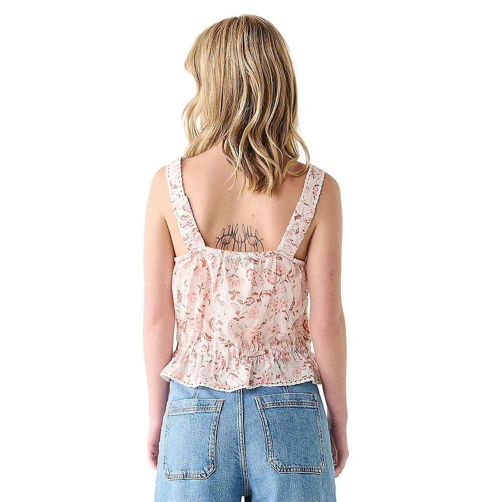 Drawstring Ruffled Floral Tank Top