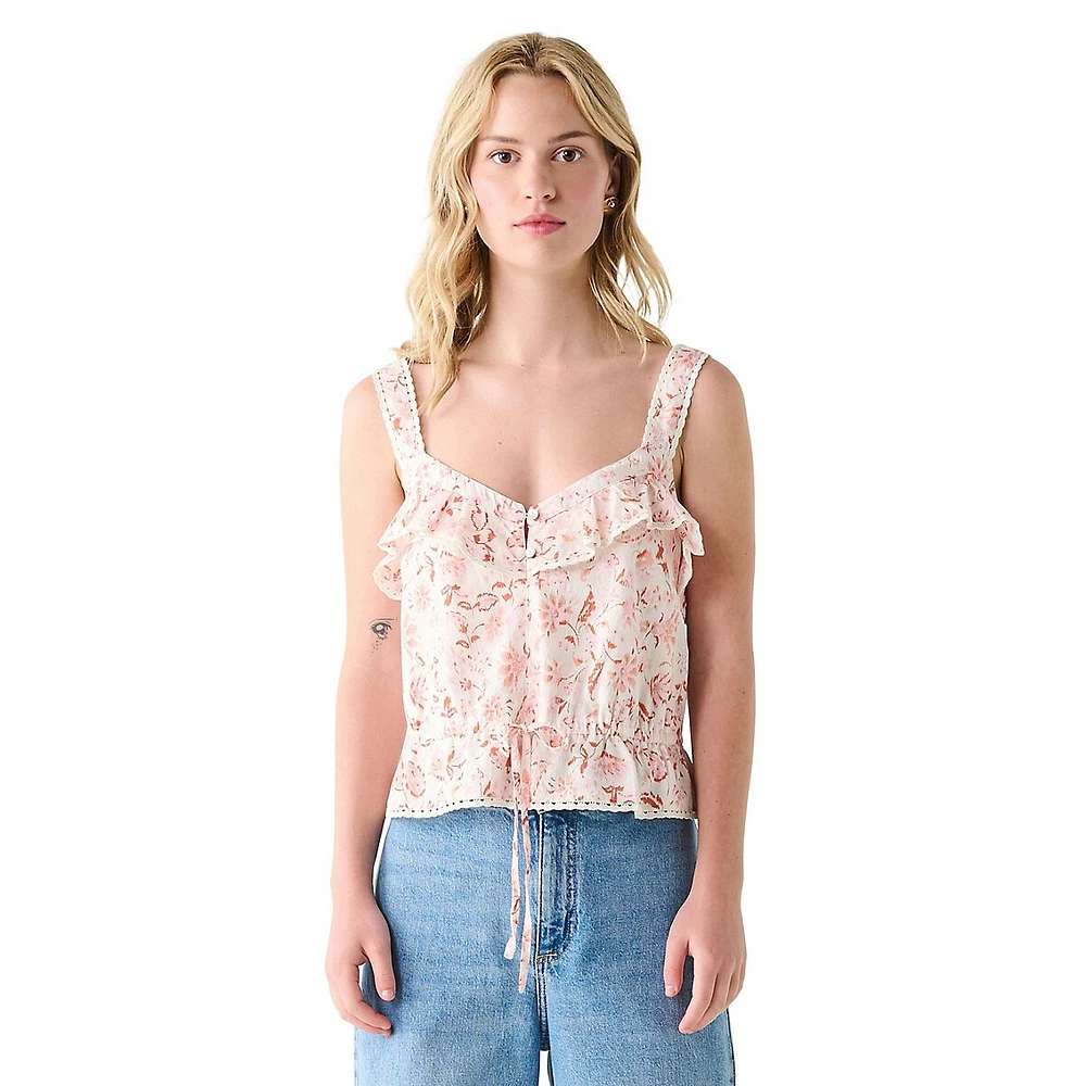 Drawstring Ruffled Floral Tank Top