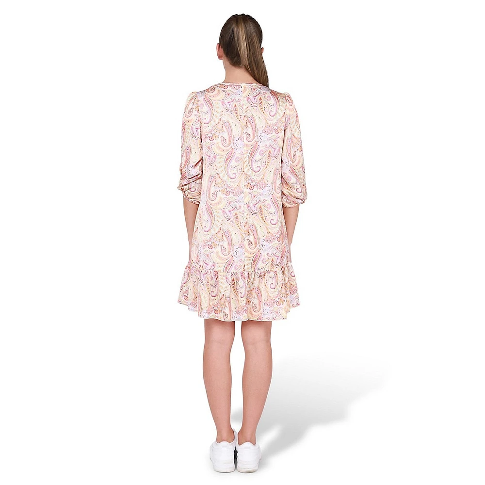 Satin Paisley Ruffle-Hem Dress